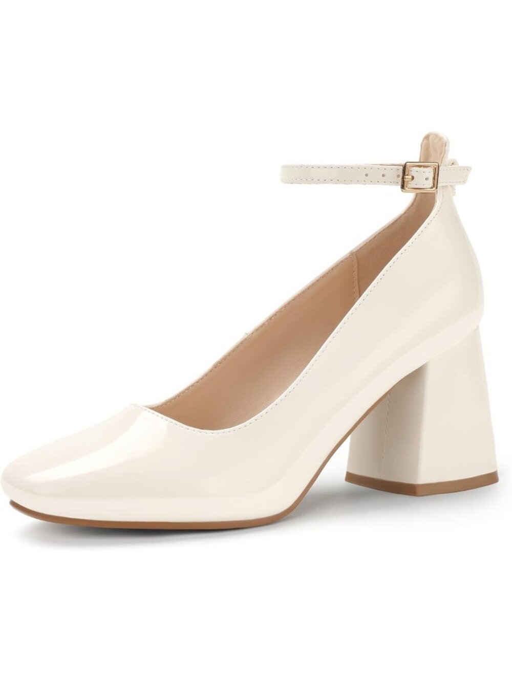 Women's White Comfortable Closed Toe Low Block Ankle Strap Pumps Chunky Heels
